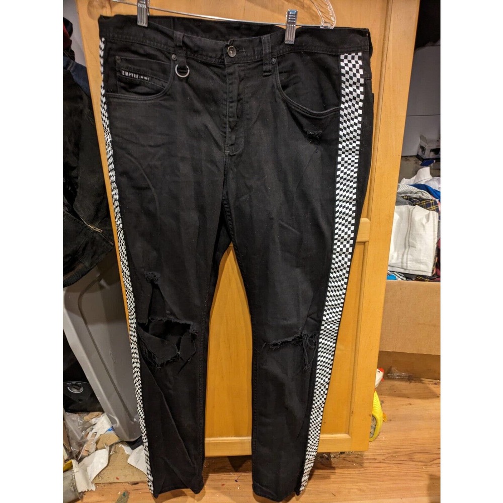 Empyre Jeans Mens 38 Recoil Stretch Black Skinny Checker Race Print Destroy